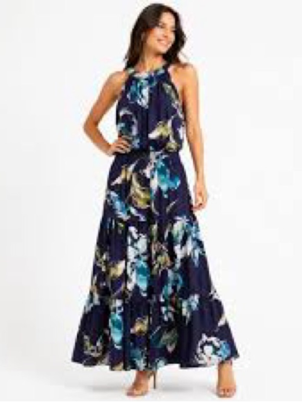 Nicole Miller Navy Floral Halter Maxi with Teal and Yellow Blooms